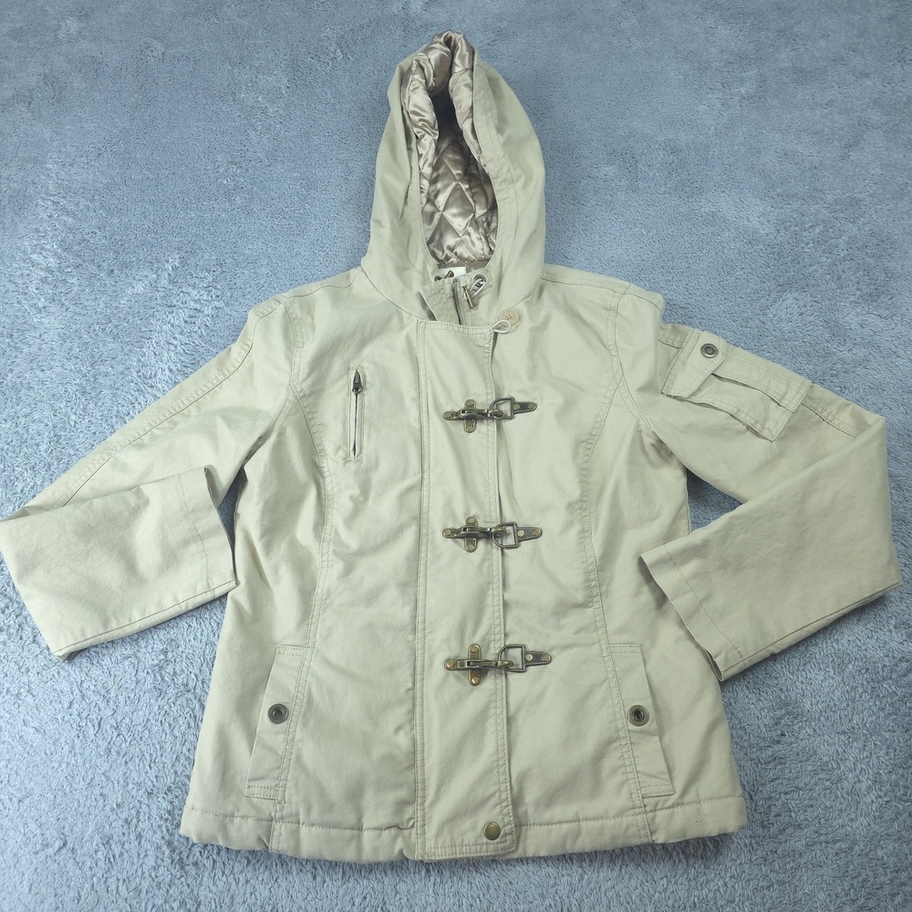 Old Navy Jacket Womens Medium Beige Hooded Anorak Toggle Buckle Quilted Lined